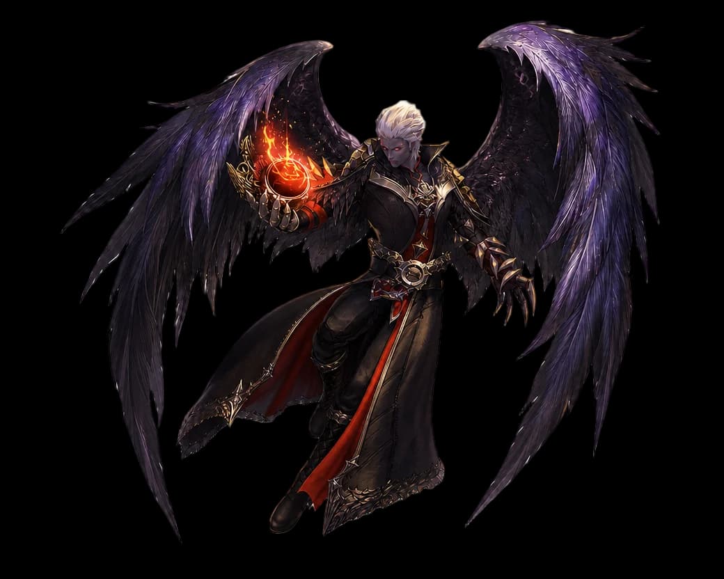 Asmodian Daeva in flight — violet-black wings, obsidian armor, ember sigil at hand