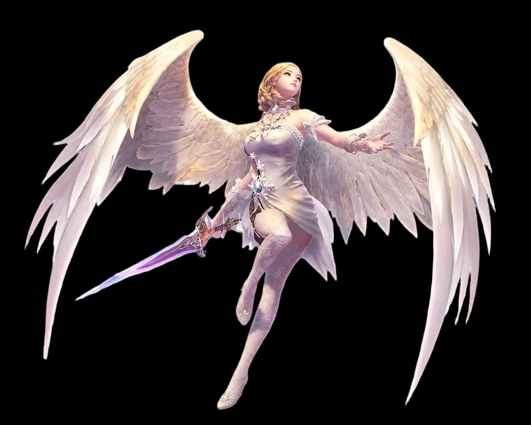 Elyos Daeva in flight — white wings, gold and ivory armor, holding a blade